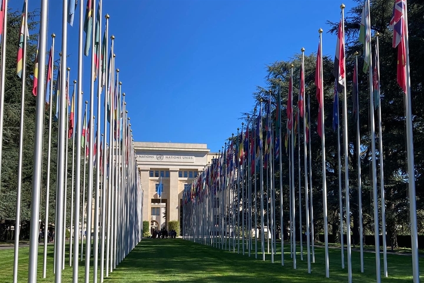 [ai] A wide pathway flanked by multiple flagpoles displaying various national flags, leading up to a large building with the inscription 'Palais des Nations' in the background under a clear blue sky.